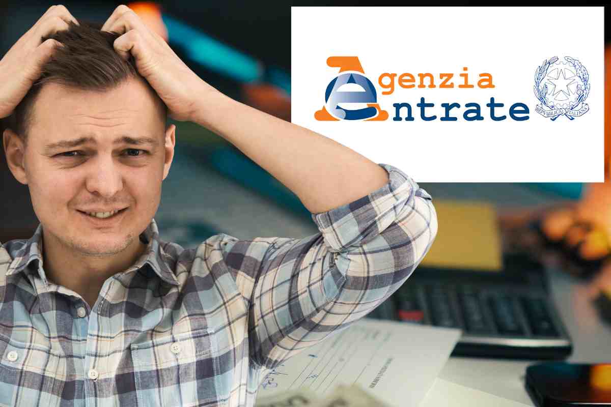 Uomo disperato e logo agenzia delle entrate