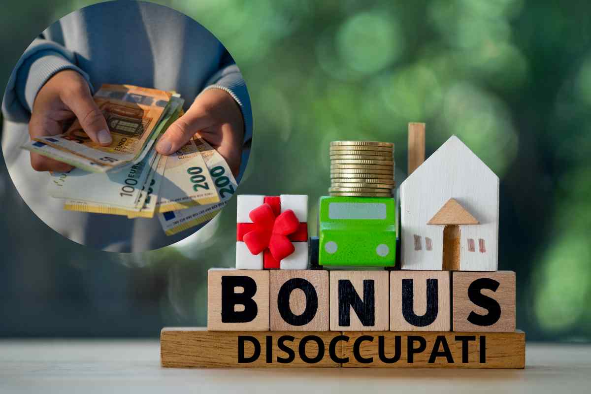 scritta bonus disoccupati e nel cerchio una mano conta dei soldi