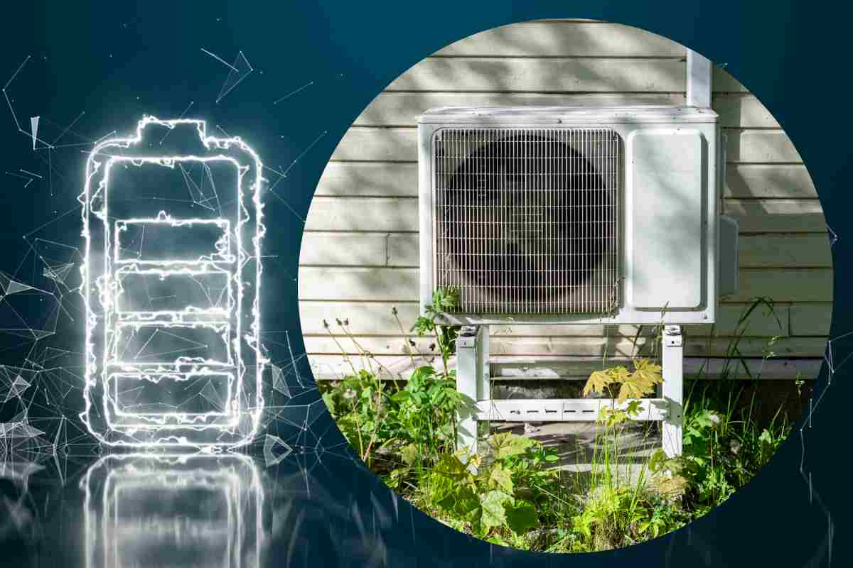 Una batteria e nel cerchio una pompa di calore