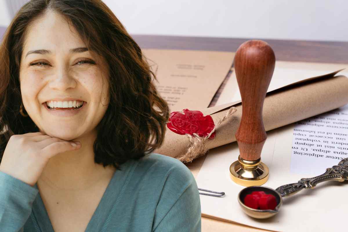 Donna sorridente e sullo sfondo un testamento