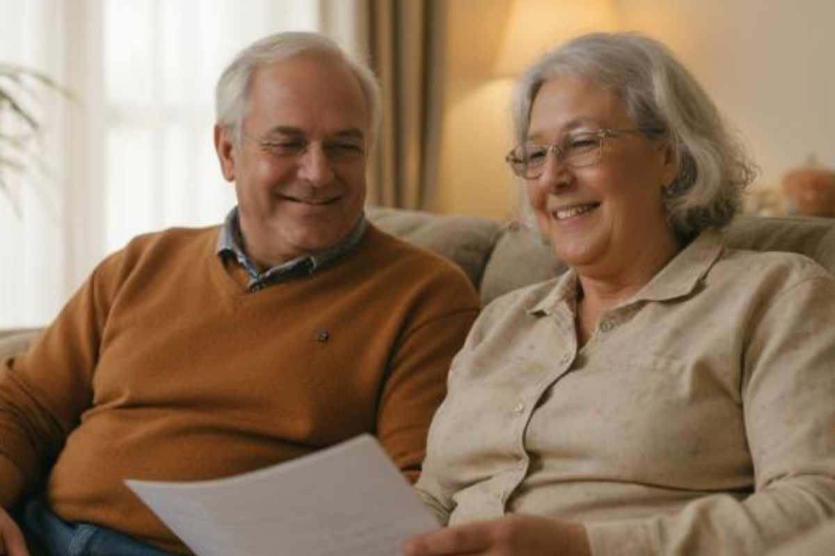 Una coppia di pensionati legge il cedolino e sorride