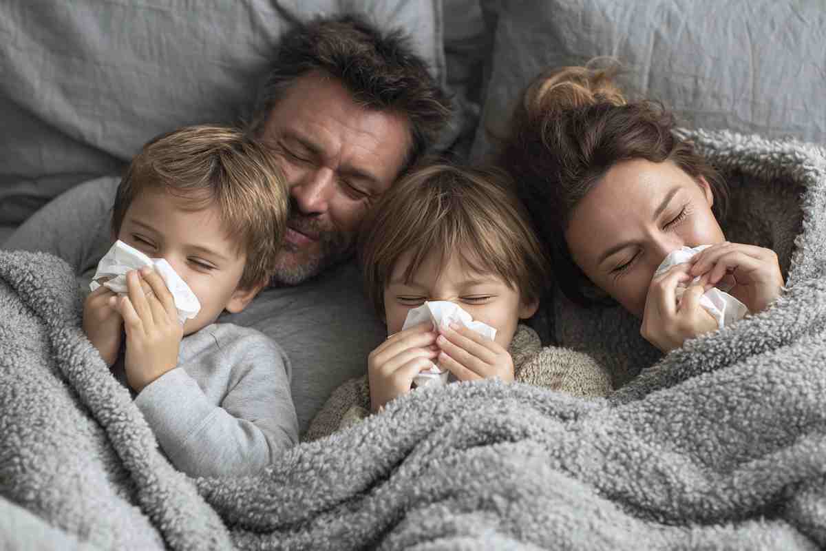 un'intera famiglia a letto con l'influenza