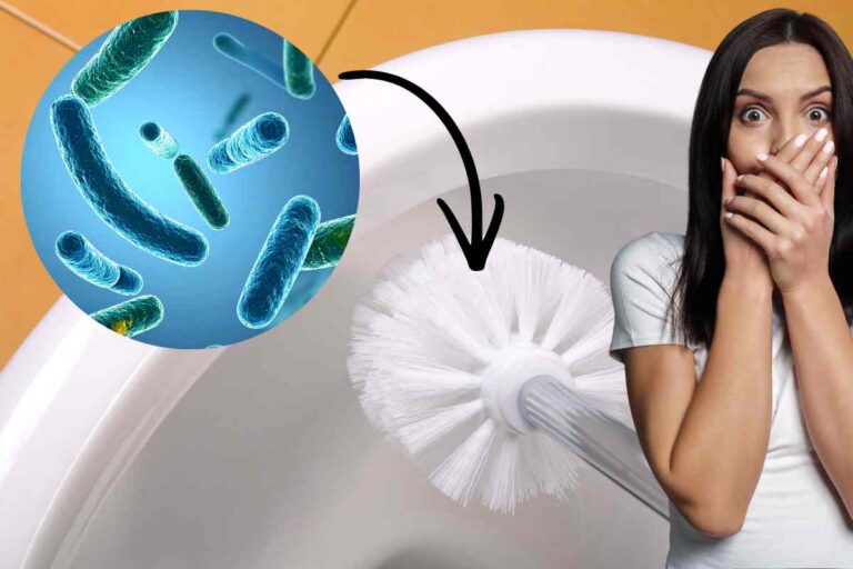 donna spaventata dai batteri sullo scopino del bagno