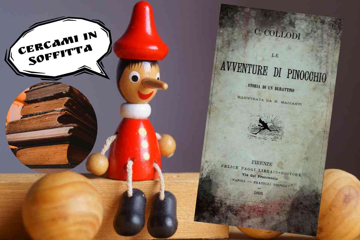 Pinocchio con un fumetto e la scritta Cercami in soffitta, a lato una prima edizione del libro e nel cerchio a sinistra libri antichi