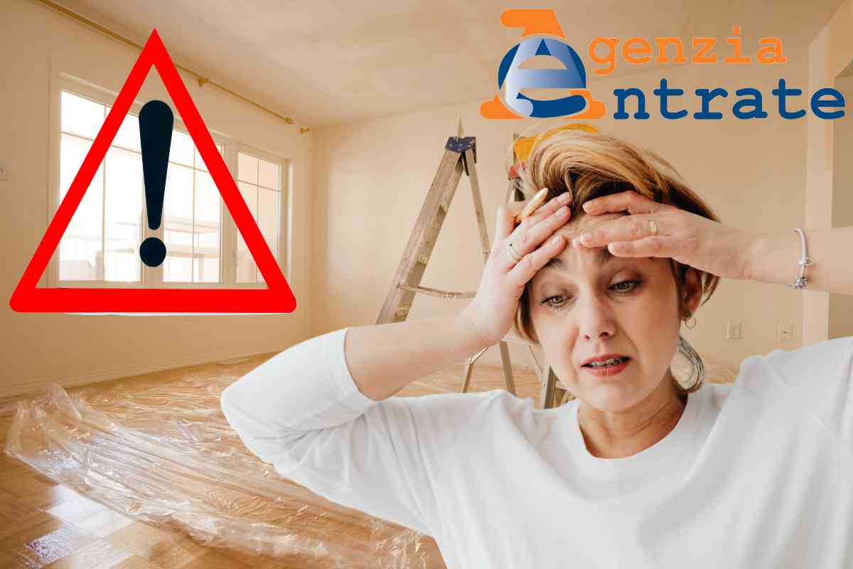 Donna con le mani tra i capelli, un segnale di pericolo e il logo dell'agenzia delle entrate