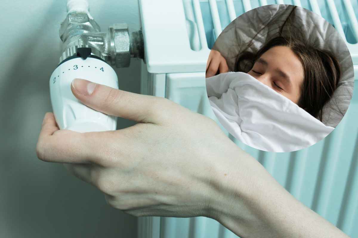 una mano spegne un termosifone mentre nel cerchio c'è una donna che dorme sotto le coperte