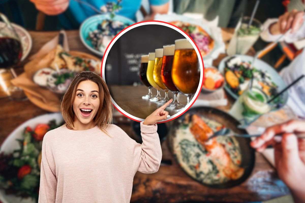 sfondo di un ricco pranzo, in primo piano una donna che indica una serie di birre