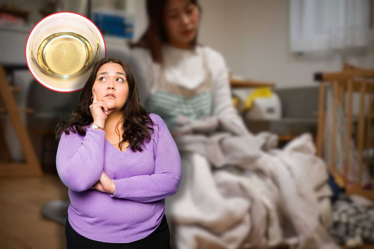 donna con bucato, un'altra che pensa e aceto in ciotola in icona rossa