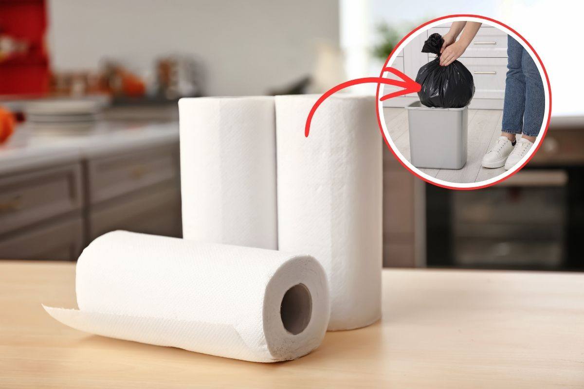 rotoli di carta da cucina, freccia che indica un bidone della spazzatura