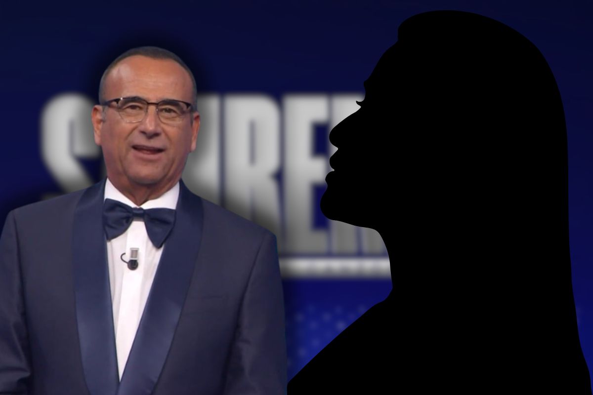 logo sanremo 2026, carlo conti e sagoma nera di donna