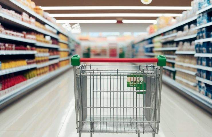 carrello della spesa tra le corsie di un supermercato 