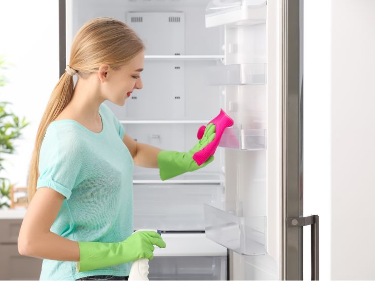 donna che pulisce frigorifero