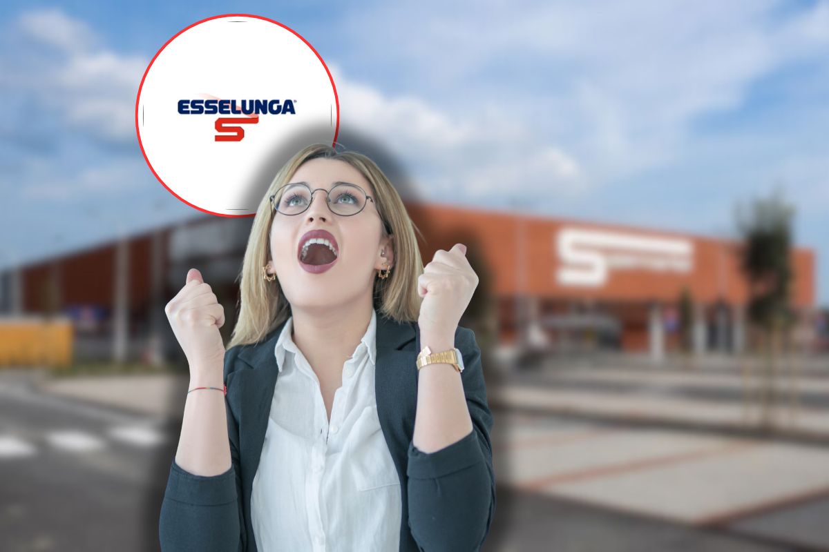 sede di esselunga sullo sfondo, logo esselunga in icona e donna che esulta