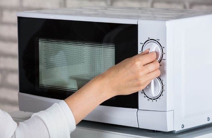 donna che aziona forno a microonde 