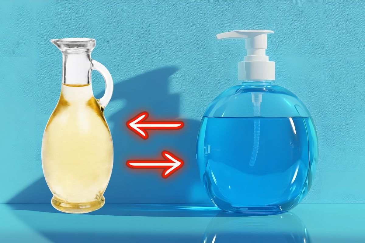 bottiglia di aceto accanto ad un flacone di detersivo liquido e doppie frecce