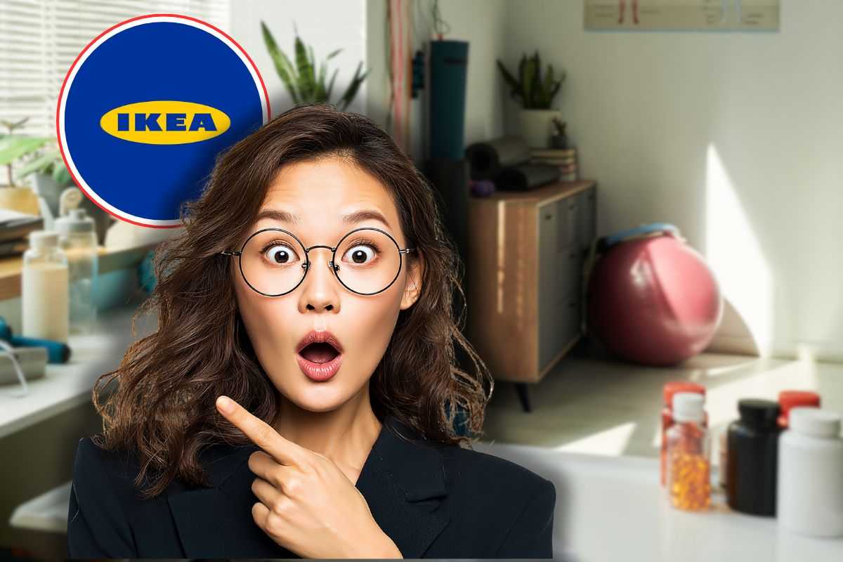 palestra casa, logo ikea in icona rossa e donna sorpresa