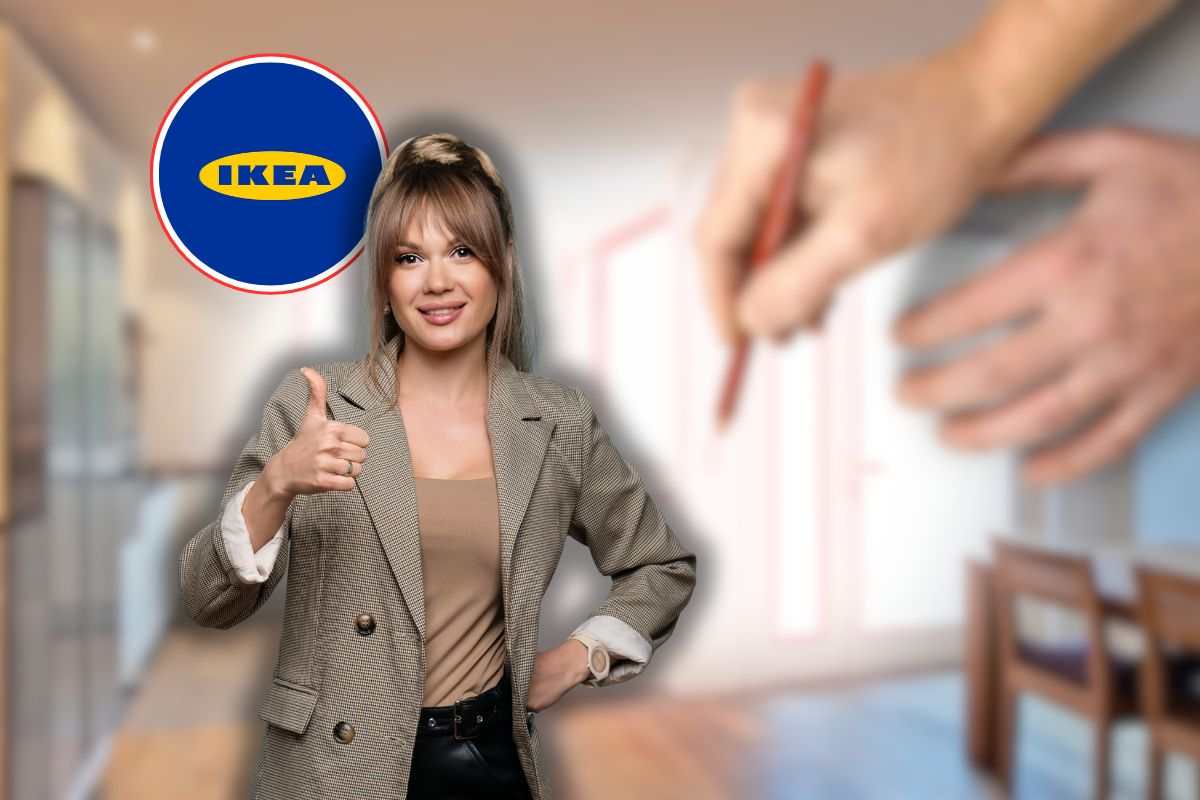 cucina in ristrutturazione, logo ikea e donna che fa ok