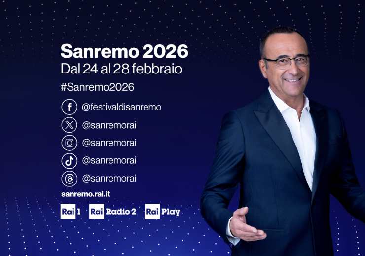 carlo conti sulla locandina di sanremo 2026 con le date di inizio e di fine