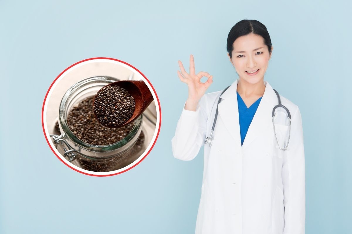 dottoressa che fa ok con la mano e barattolo con semi di chia