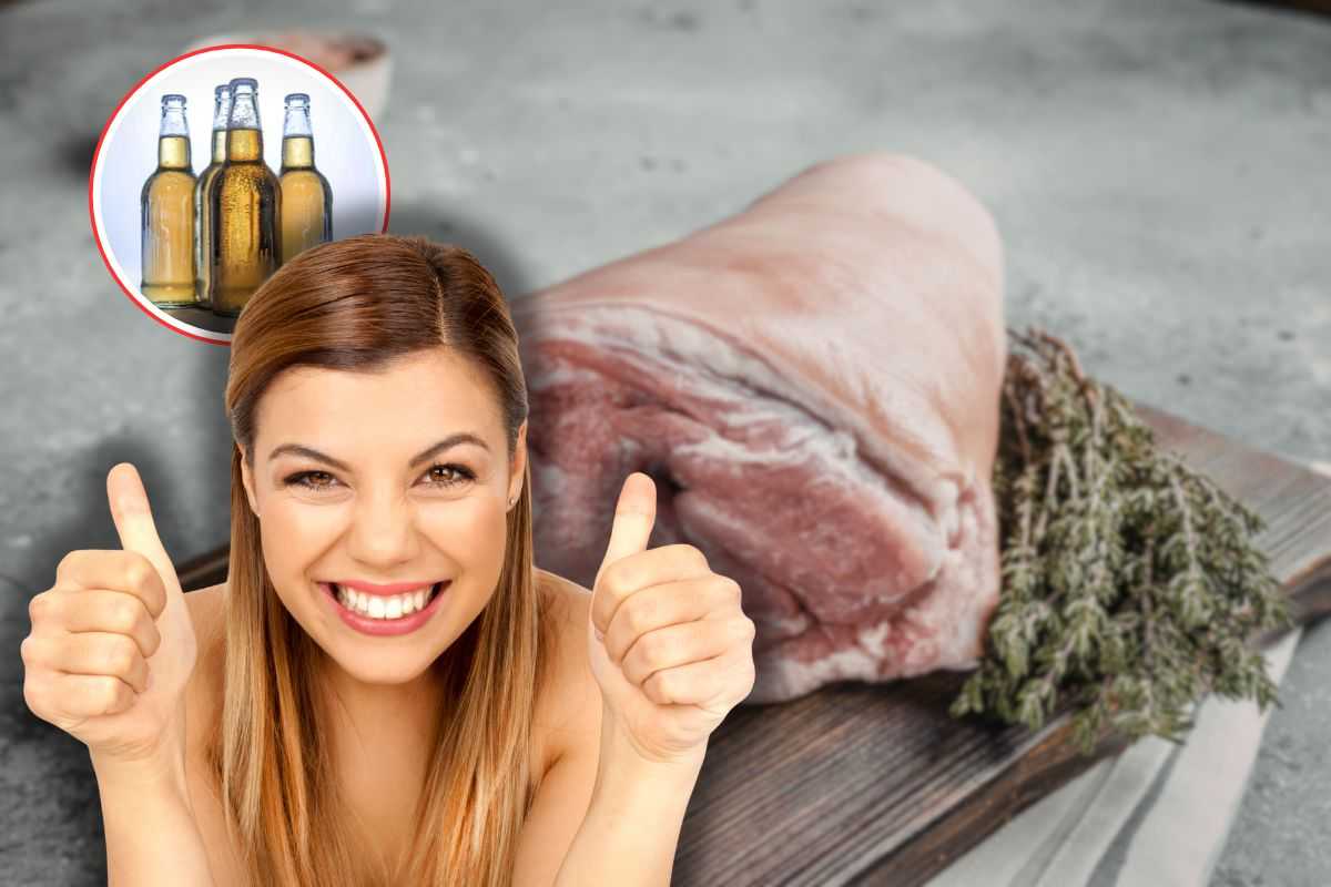 stinco di maiale con rosmarino su tagliere di legno, bottiglie di birra in icona e donna che fa ok