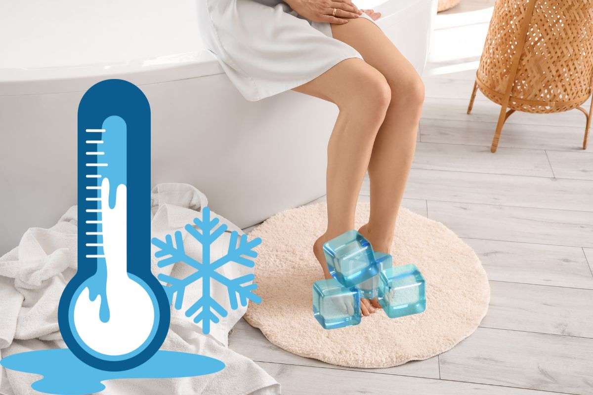 donna seduta in bagno con i piedi freddi e grafica di un termometro freddo