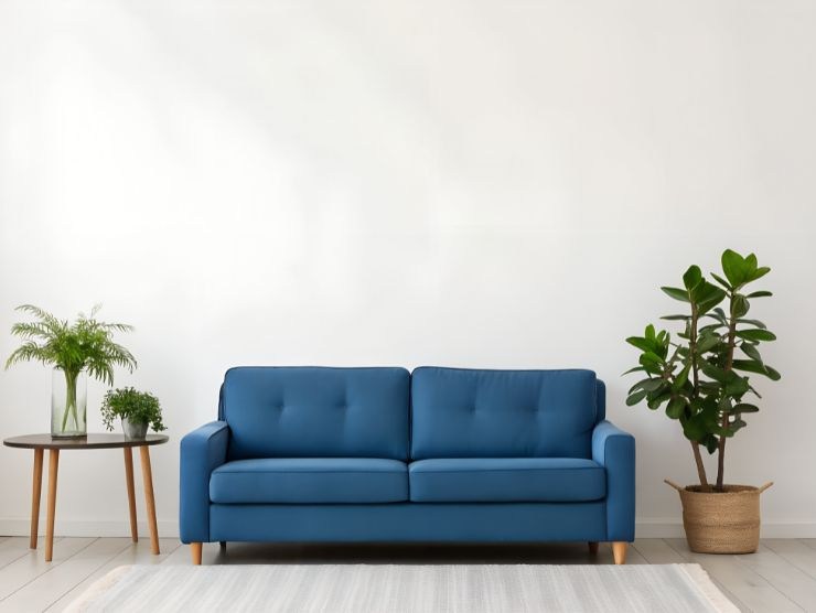divao a due posti di colore blu con accanto due piante