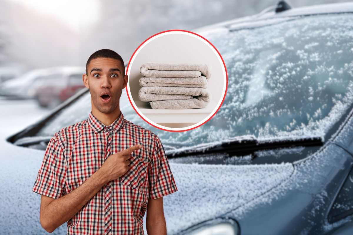 macchina con parabrezza ghiacciato, uomo stupito e asciugamani piegate