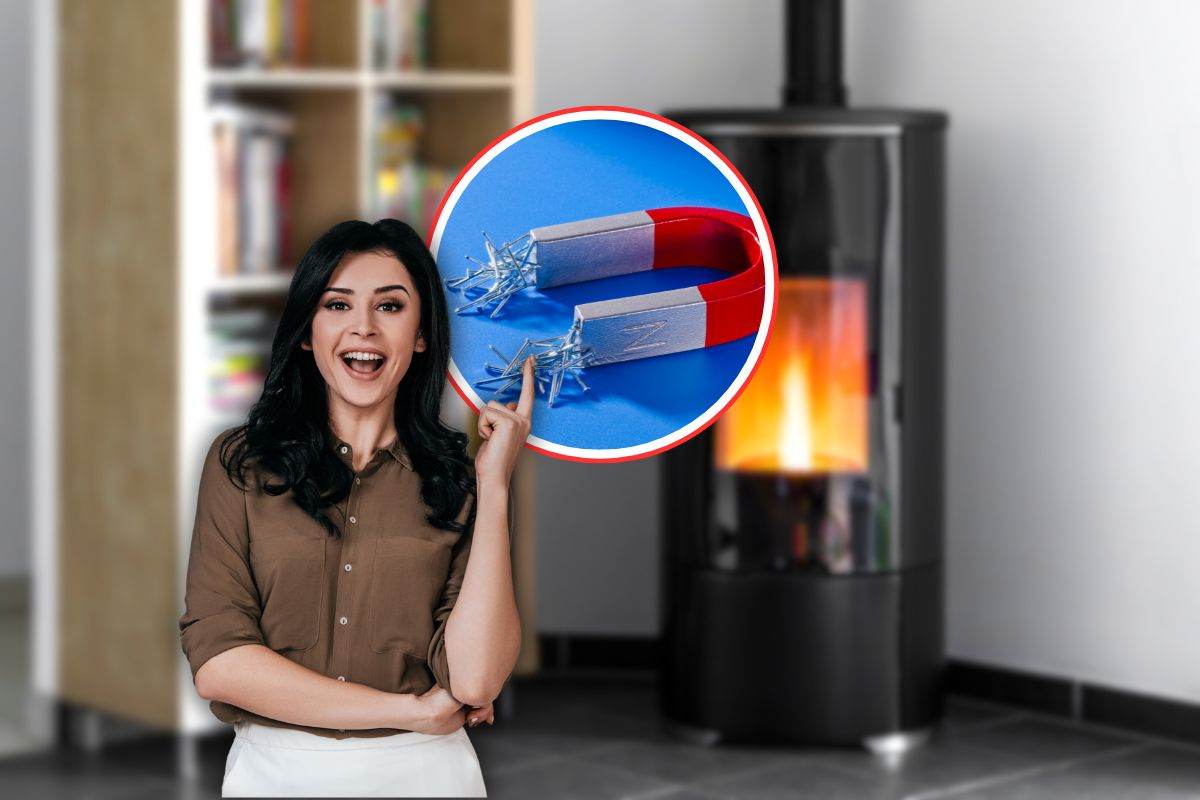 sfondo in cui si vede una stufa a pellet, in primo piano una donna che indica una calamita