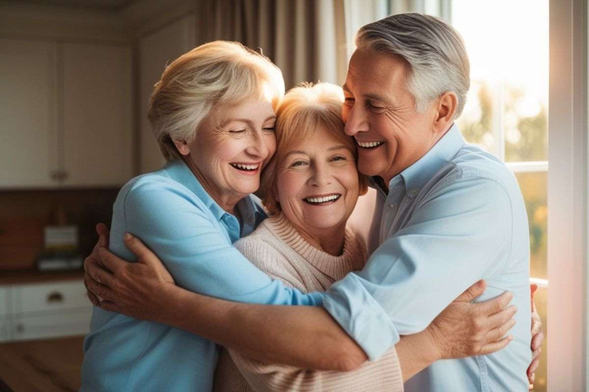 tre persone mature che si abbracciano sorridendo